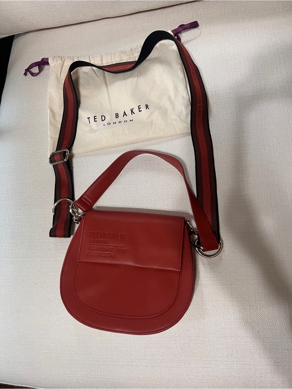 Ted Baker Terra Cotta Leather Crossbody Saddle Bag with Striped Strap